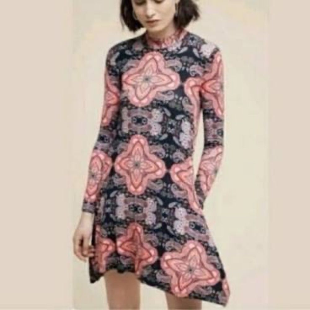 Anthro Maeve Myra‎ Mockneck Blue Print Dress Sz XS